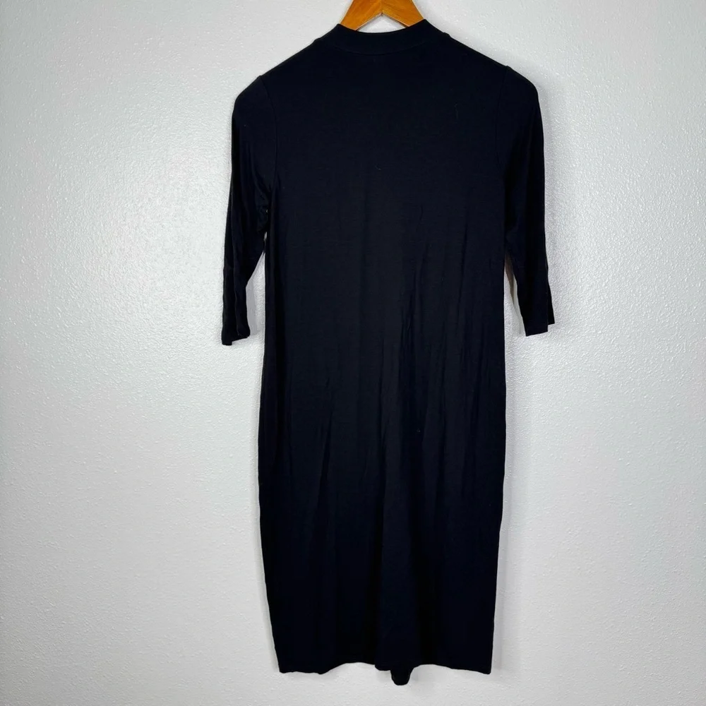Eileen Fisher Black Stretchy Knit‎ 3/4 Sleeve Midi Dress Size Xxs